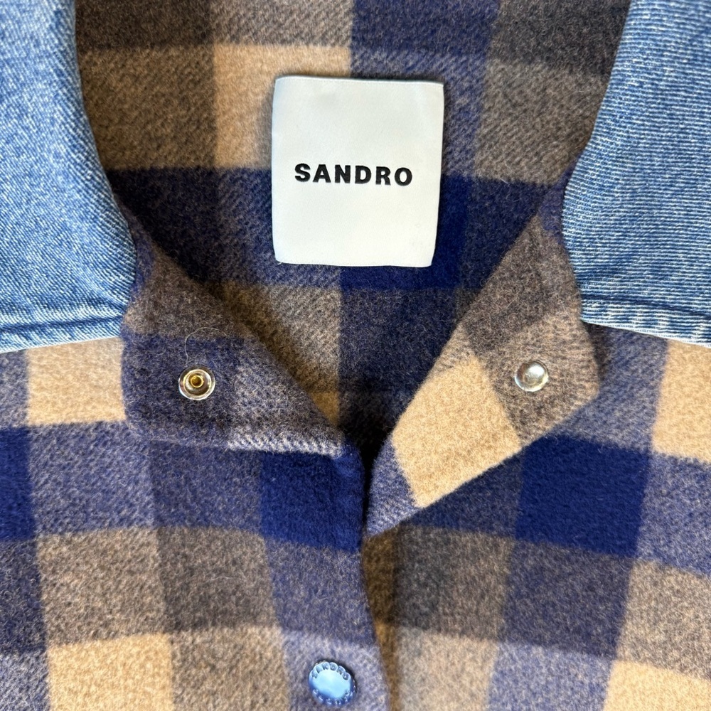 Sandro France Parisian-inspired Blue Checked Wool Denim Short Coat Sz French 36 - Picture 8 of 10